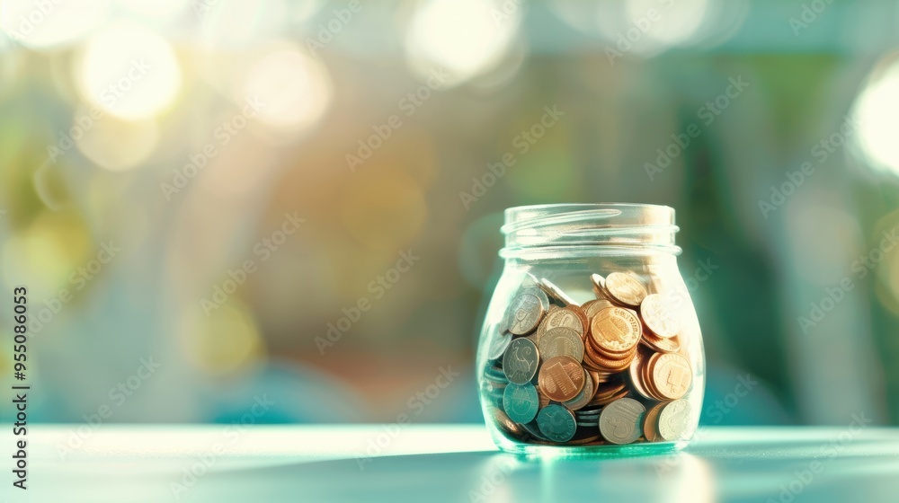 Aufkleber a clear jar filled with coins, symbolizing savings, set on a simple background with plenty of copy s