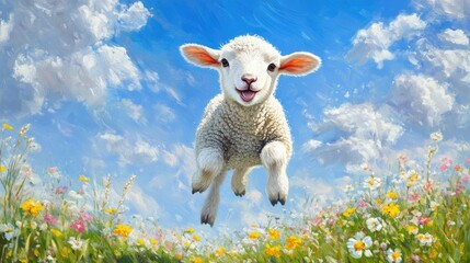 Fototapeta premium A young lamb frolicking in a meadow, with flowers blooming all around and a bright blue sky overhead.