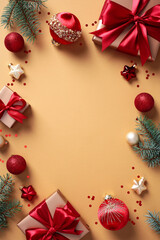 Christmas frame of golden gifts with red ribbon bows, red balls, fir branches on beige background. Merry Xmas and Happy New Year vertical banner template.