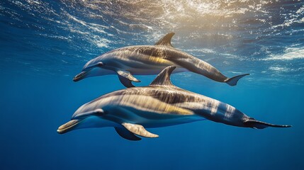 Obraz premium Two dolphins swimming gracefully in clear blue water, showcasing marine life beauty.