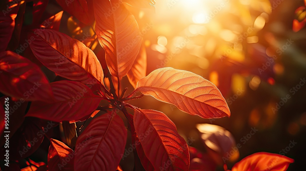 Poster close-up of vibrant red and orange autumn leaves with sunlight filtering through, creating a warm an