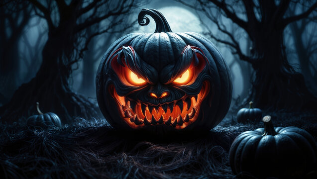 Spaventosa zucca di Halloween Jack Lanterna, zucca diabolica, in una foresta spettrale di notte, la zucca incarna il male e incute orrore