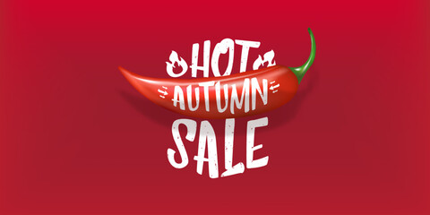 Super Big Hot Autumn sale horizontal banner with red chili cayenne pepper isolated on red background. Vector 3d horizontal seasonal Autumn hot sale poster, flyer, banner, tag and background.