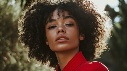 An androgynous woman in red with curly hair poses dramatically in a natural setting for a fashion magazine cover