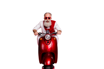 Portrait of funky elderly person in eyewear eyeglasses driving bike screaming wearing white pullover sit ob motor bike isolated over red background