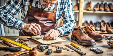 Skilled Craftsman Repairing Leather Shoe in Workshop. A skilled cobbler meticulously repairs a vintage leather shoe in his workshop, surrounded by traditional tools and materials. 