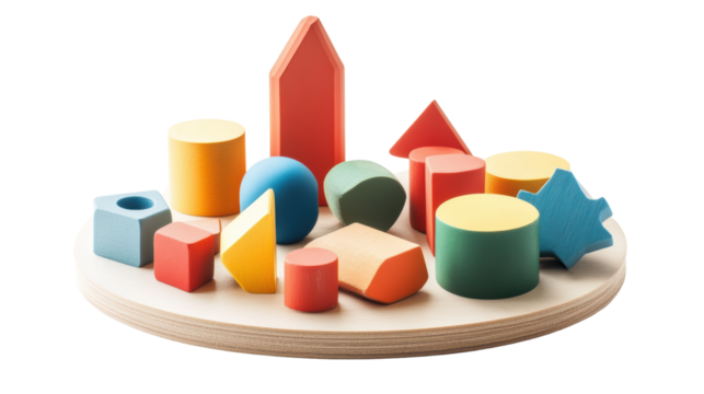 Colorful wooden shapes arranged on circular base, perfect for educational play and development. 