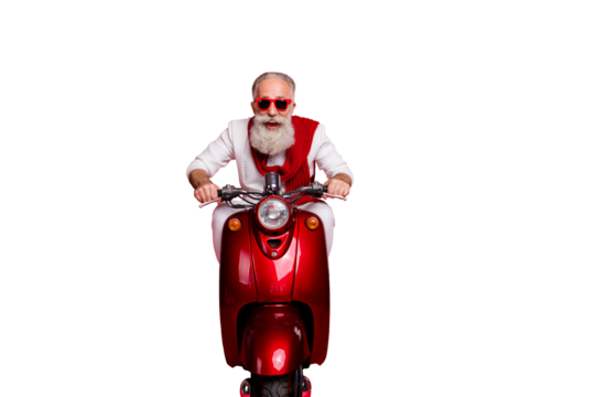 Portrait of funky elderly person in eyewear eyeglasses driving bike screaming wearing white pullover sit ob motor bike isolated over red background
