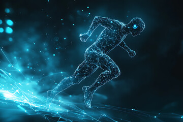 An abstract digital background banner featuring the image of a running man