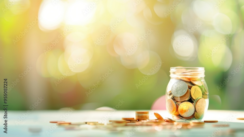 Aufkleber a jar filled with coins and surrounded by banknotes, depicting the concept of saving money, with amp