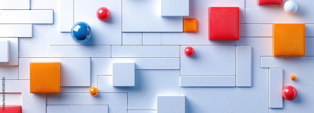 Poster a vibrant abstract composition featuring colorful geometric shapes on a smooth surface, ideal for mo