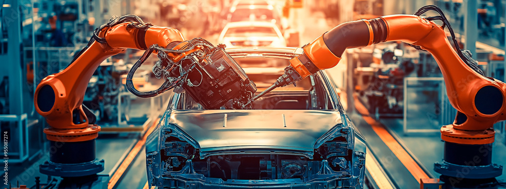 Aufkleber robotic arm installation in automotive production line. precision engineering with robot technology 