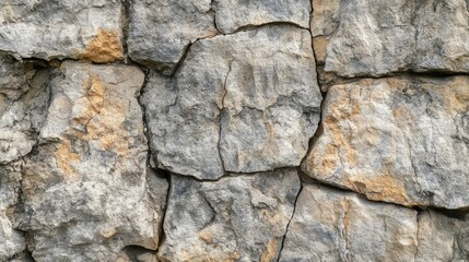 Obraz premium Close-up of weathered stone wall texture with natural cracks and uneven surfaces, ideal for rustic designs