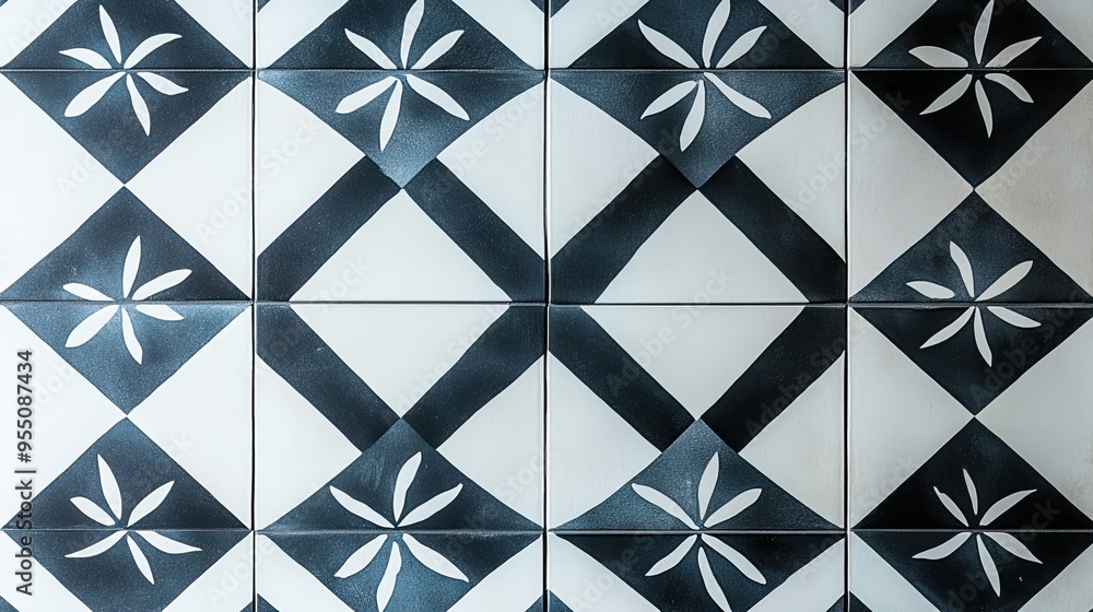 Poster contemporary tile pattern with clean, symmetrical shapes and a monochromatic color scheme, ideal for
