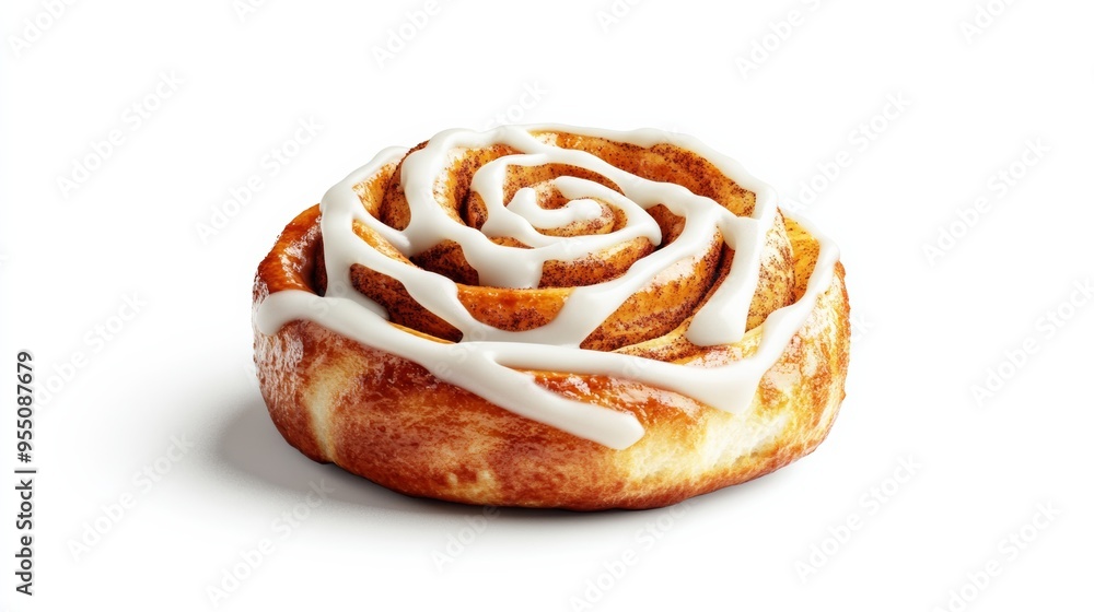 Poster a detailed 3d render of a freshly baked cinnamon bun with a swirl of icing on top, isolated on a tra