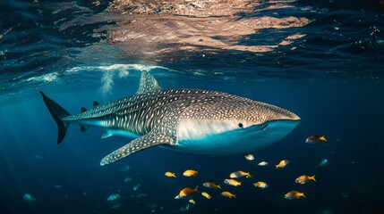 Fototapeta premium A majestic whale shark swims gracefully among colorful fish in clear ocean waters.