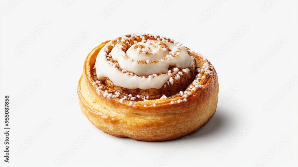 Poster a detailed 3d render of a freshly baked cinnamon bun with a swirl of icing on top, isolated on a tra