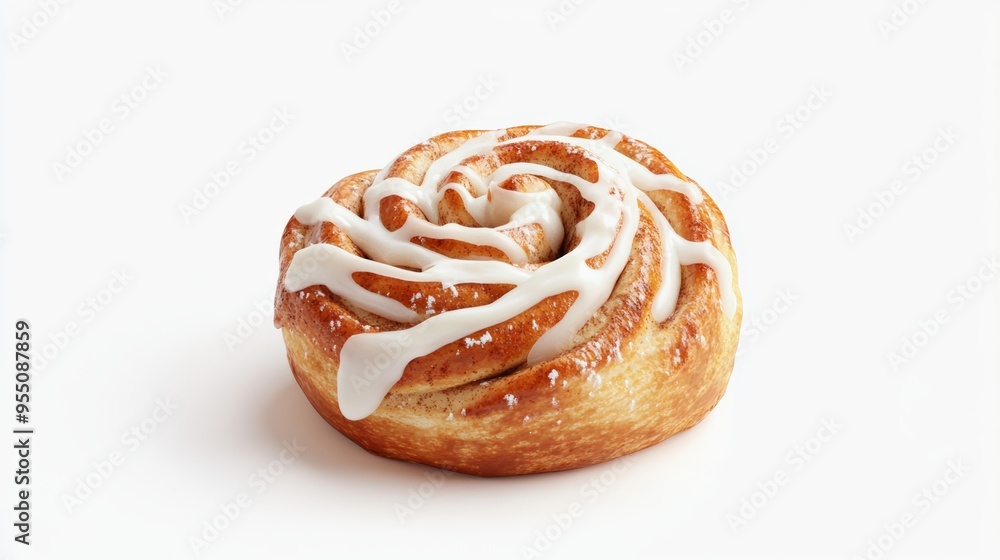 Poster a detailed 3d render of a freshly baked cinnamon bun with a swirl of icing on top, isolated on a tra