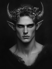 beautiful horned fae demon mythic man in black and white illustration on a black background - generative ai