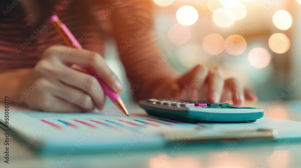 Aufkleber a person using a calculator and writing in a notebook with financial graphs and charts in the backgr