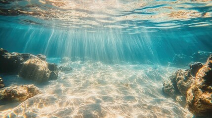 Fototapeta premium Crystal-clear ocean water with sunlight streaming through, revealing a vibrant underwater world