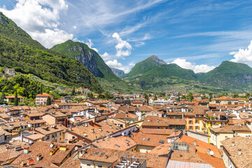 Riva del Garda, top view of town on the shores of Lake Garda with mountains in background, Italy, Europe.