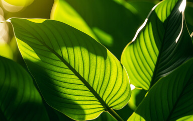 The nature of dark green leaves in the garden with sunrise shining through the gaps