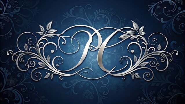 Elegant cursive script "PC" monogram in shimmering silver ink on a dark blue background, surrounded by intricate flourishes and vines, evoking luxury and sophistication.