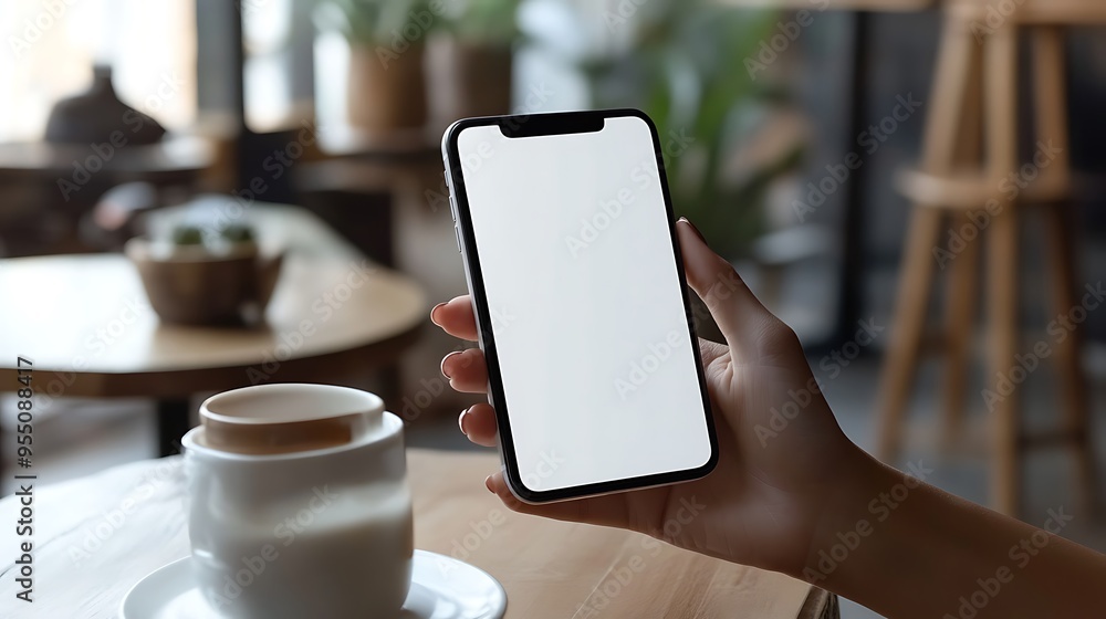 Aufkleber mockup of a smartphone with blank screen in a cafe setting