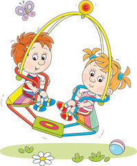 Naklejka premium Cheerful little boy and girl swinging on a summer playground in a park, vector cartoon illustration on a white background