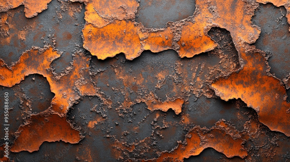 Poster detailed rust patterns on an old, corroded surface with a range of textures and colors