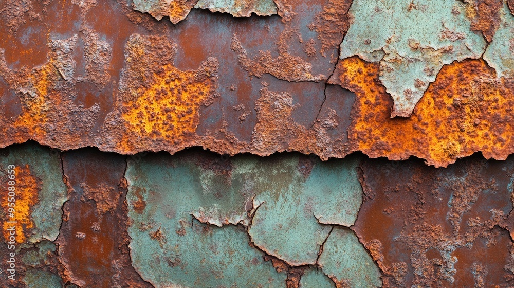 Poster detailed rust patterns on an old, corroded surface with a range of textures and colors