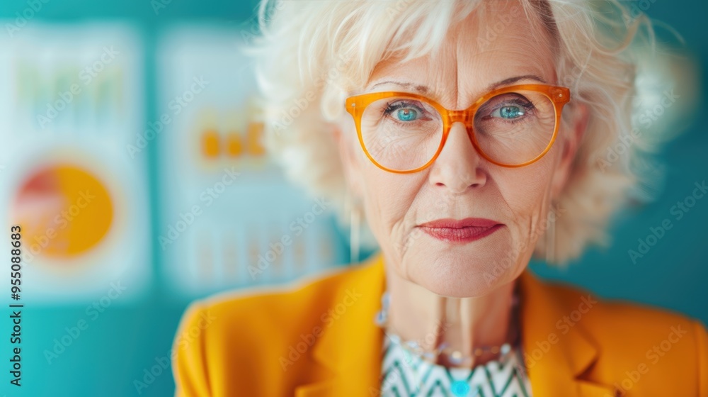 Poster a retired woman calculating retirement savings on a tablet device, surrounded by financial charts an
