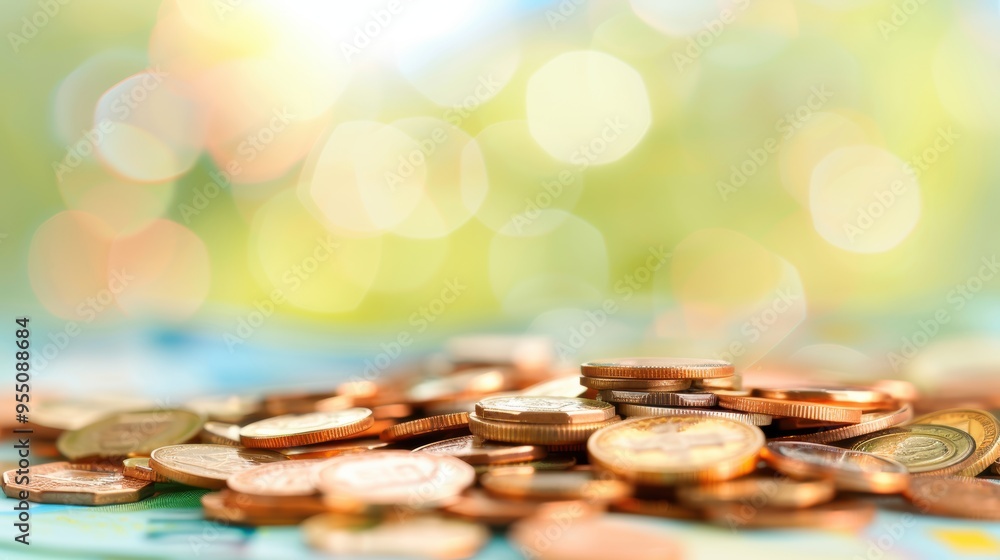 Poster a close-up of a pile of coins with scattered banknotes, highlighting the concept of saving money, wi
