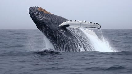 Fototapeta premium A humpback whale breaching the ocean surface in a misty environment.