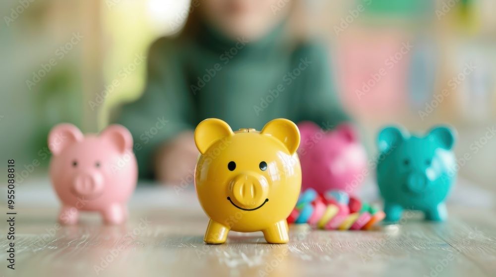 Aufkleber a group of children learning about saving money, with a teacher explaining financial concepts. the i