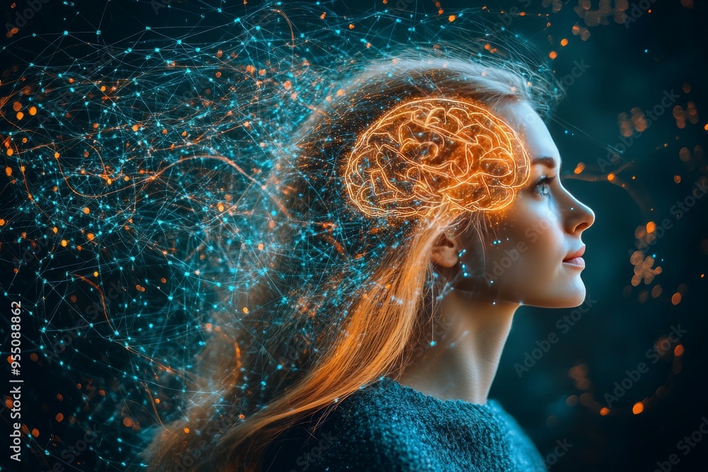 Aufkleber telepathy information retention woman with flowing hair made of glowing neural networks symbolizing 