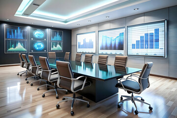 3D AI Driven Corporate Boardroom Background - Modern Design with Glowing Digital Screens for Cost-Effective Decision Making in Corporate Strategy