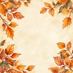 Autumn Leaves Watercolor Border on Beige Background