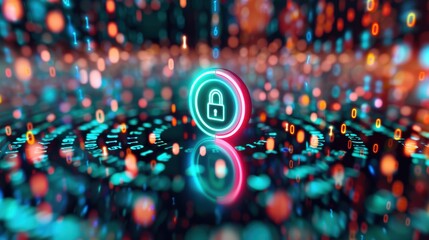 A conceptual image of digital savings and financial security, featuring a secure vault icon on a digital screen surrounded by binary code. The background offers empty space suitable for adding