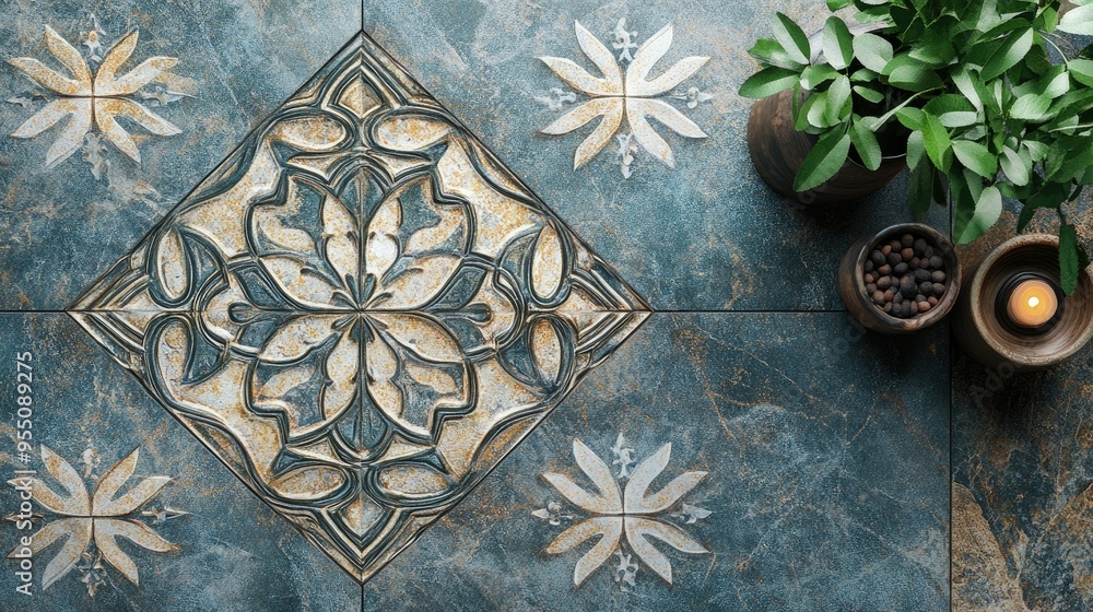 Poster elegant patterned tiles with intricate details and a luxurious color palette, creating a sophisticat