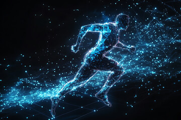 An abstract digital background banner featuring the image of a running man