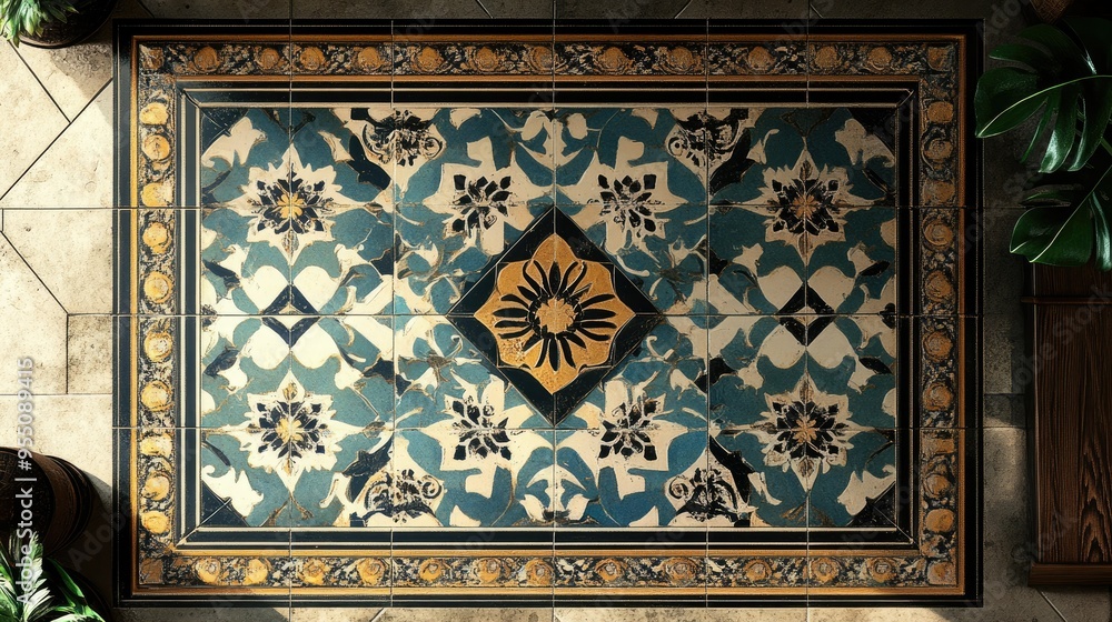 Poster elegant patterned tiles with intricate details and a luxurious color palette, creating a sophisticat