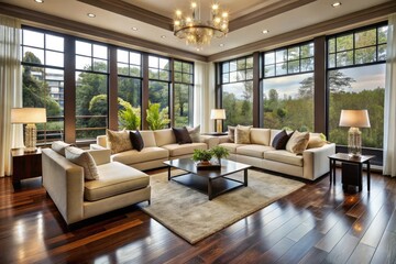Fototapeta premium Elegant living room with sleek dark hardwood floors, creamy walls, and plush sectional sofa, surrounded by floor-to-ceiling windows and modern decorative accents, exuding sophistication.