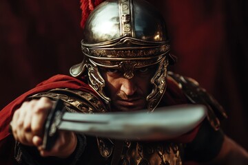 Roman warrior in ornate armor with sword and red cape.