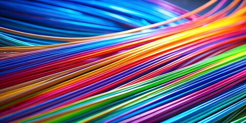 Colorful rainbow wires elegantly flow across a surface, showcasing vibrant hues and smooth textures under soft lighting
