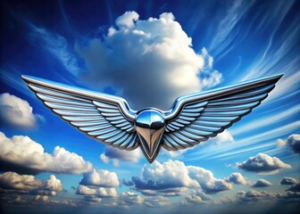 Elegant metallic emblem with wings spread wide, symbolizing freedom, speed, and limitless possibilities, set against a bright blue sky with fluffy white clouds.