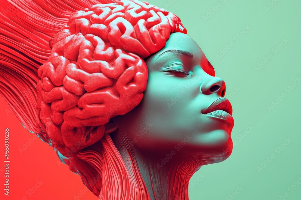 Aufkleber affective empathy cognitive control close up of a woman with a red brain overlay symbolizing intense