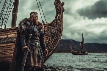 Viking ready for battle with sword by wooden longship