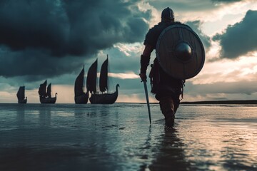 Viking warrior wades towards longships under moody skies